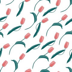 Watercolor style tulips pattern. International women's day. For design, card, print or background. White background.