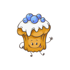 Vector illustration of muffin cartoon character with glaze and blueberries in sketch style - cute sweet baked dessert emoticon with smiling face waving hand isolated on white background.