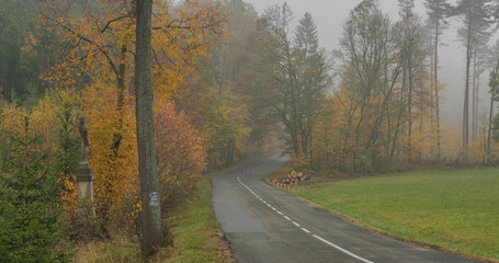 Nice asphalt road in dark misty day near Luhacovice town in Moravia