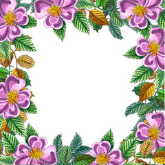 Watercolor wreath with branch of Dog rose, red berries and green leaves.