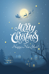 Vector winter night scene with 3D realistic paper Christmas Village. Dark festive layered background with text Merry Christmas and moon, tree, santa's sleigh, deers and snowfall for design of poster.