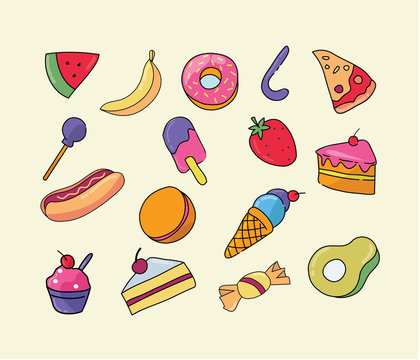 Vector hand drawn set of trendy sweets treats Illustration