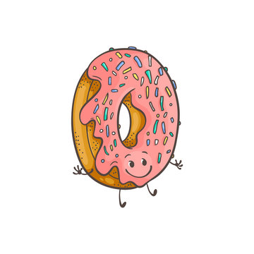 Vector illustration of doughnut ring cartoon character with pink glaze and colorful decorations in sketch style - emoticon of fried dough dessert food with icing isolated on white background.