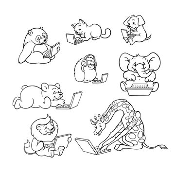 Cheerful monochrome animal sitting, lying with laptop and headphones set. Cute pets characters elephant, lion cat, giraffe dog panda and computer technologies and communication. Vector illustration