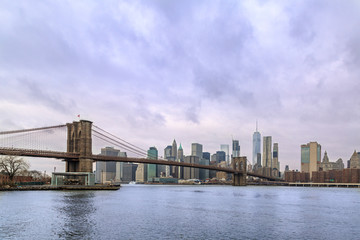 Brooklyn bridge and lower Manhattan from Brooklyn in New York, NY, USA