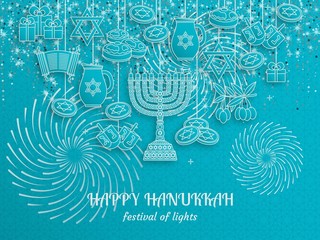 Hanukkah greeting card with Torah, menorah and dreidels. Turquoise template