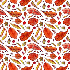 Watercolor autumn leaves and tree seeds pattern