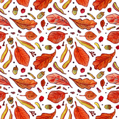Watercolor autumn leaves and tree seeds pattern