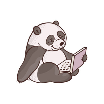 Cheerful sketch panda, bamboo bear animal sitting with laptop at knees. Cute pets characters and modern computer technologies and communication. Vector hand drawn illustration