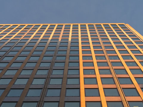 Abstract fragment of contemporary architecture. Low angle perspective view of mordern office building's exterior with glass windows in row.
