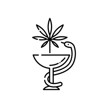 Medical marijuana line icon - thin outline symbol of snake twined around bowl with cannabis leaf isolated on white background. Vector illustration of legalization and pharmacy use of hemp.