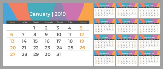 2019 new year calendar in clean minimal table simple style. Eps 10