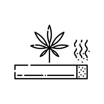 Marijuana rolled cigarette with smoke line icon isolated on white background - vector illustration of outline symbol of illegal smoking drugs abuse and cannabis joint or spliff concept.