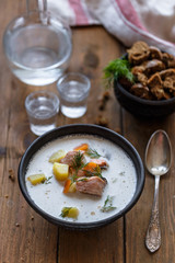 Fish soup with salmon, potato, carrots, dill and cream, lohikeitto