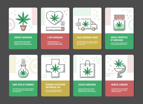 Vector illustration set of marijuana consumption and legalization vertical banners with line icons of cannabis leaf -concept of medical use and legal growth and trade of sativa.