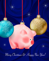 Winter holiday decor. Set of Christmas blue and golden Baubles and cute baby pig a chinese new year symbol hanging on ribbons on dark blue background with pattern. Realistic vector illustration