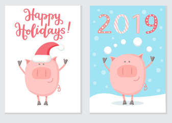 Set of two greeting cards with the symbol of the Chinese New Year Pig 2019. Cute doodle flat character for Christmas print design. Hand drawn doodle elements isolated on white background.