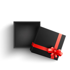Black present box with red ribbon bow top view. Vector opened surprise package for christmas, birthday celebration design. Boxing day, black friday discounts banners element, isolated illustration