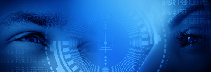 Biometric scanning of a close-up of the female and male eyes. The concept of modern virtual reality