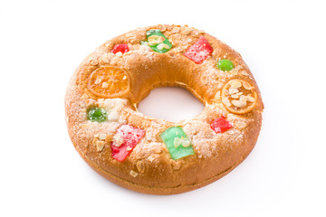 Epiphany cake "Roscon de Reyes" isolated on white background

