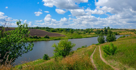 Obraz premium Sunny windy summer landscape with fields,river,beautiful woods and country road.