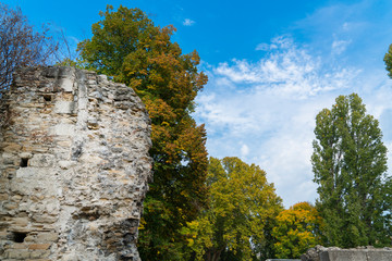 Fototapeta na wymiar Part of castle wall at Margaret Island at Budapest / Hungary and trees with blue and cloudy sky background
