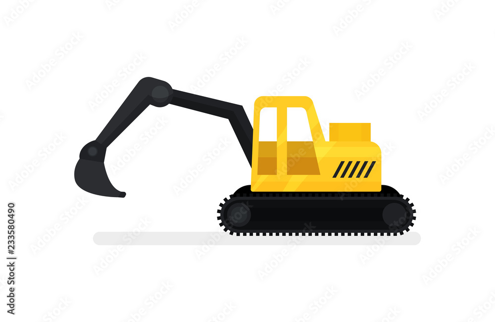 Poster crawler excavator with bucket. heavy construstion equipment. digging machine. flat vector icon