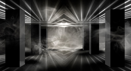 Background of an empty room with walls and concrete floor. Empty room, stairs up, elevator, smoke, smog, neon lights, lanterns