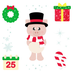 winter cartoon cute pig with scarf in hat and christmas elements illustration vector