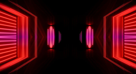 Tunnel neon light. Abstract blue background. Background of an empty black corridor with neon light. Abstract background with lines and glow