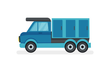 Flat vector icon of blue truck with refrigerator, side view. Industrial automobile. Urban transport