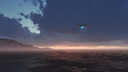 3d render UFO above the ocean

