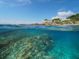 Fototapeta na wymiar Rocky coast with a lighthouse and fish underwater, split view half above and below water surface, Spain, Costa Brava, Roses, Mediterranean sea, Catalonia