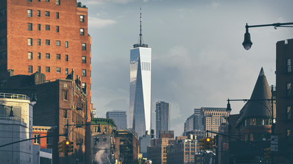 Manhattan cityscape, color toning applied, New York, USA.