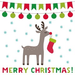 Obraz premium Christmas greeting card with a cute cartoon deer 