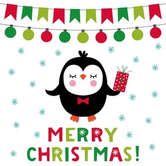 Christmas greeting card with a cute cartoon penguin 