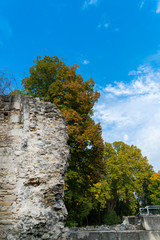 Fototapeta na wymiar Part of castle wall at Margaret Island at Budapest / Hungary and trees with blue and cloudy sky background