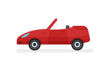 Flat vector icon of bright red cabriolet, side view. Passenger car with open roof. Urban transport