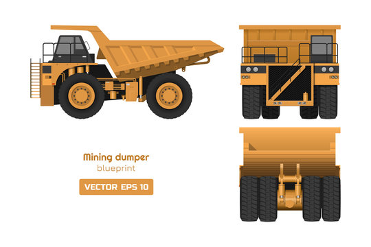 Mining dumper on white background. Back, side and front view. Heavy truck image. Industrial 3d drawing of cargo car. Diesel  automobile blueprint