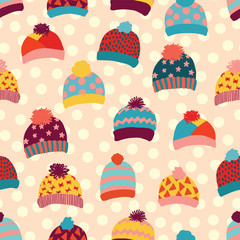 Seamless vector background knitted wool hats. Warm winter clothes wear pattern. Hand drawn cozy and warm accessories. Scandinavian Winter wear. Norwegian knit fashion. For kids, fabric, paper, decor