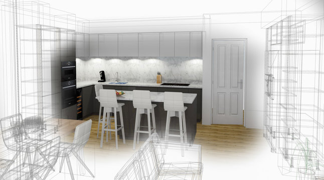 Bespoke Kitchen Design Drawing and Brushed In Photo Combination.