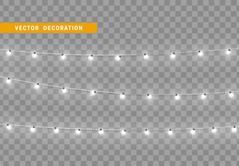 Christmas decorations, isolated on transparent background. White light garlands realistic set. Silver Xmas decor. Festive design element