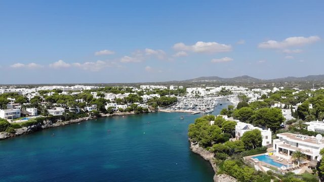 Flight over the bay of Cala D'or, village Cala D'or, Felanix and Porto Pedro region, Cala Ferrera, Mallorca