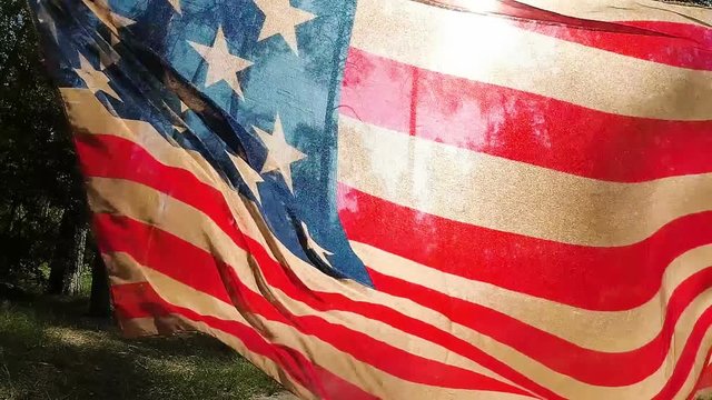 National flag of United States of America waving with wind on nature, american pride
