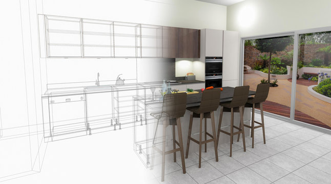 Bespoke Kitchen Design Drawing and Brushed In Photo Combination.