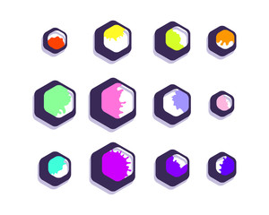 Colorful Set of vector hexagons and ink drops.