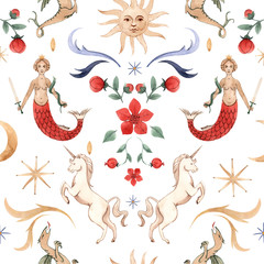 Watercolor pattern with medieval illustrations