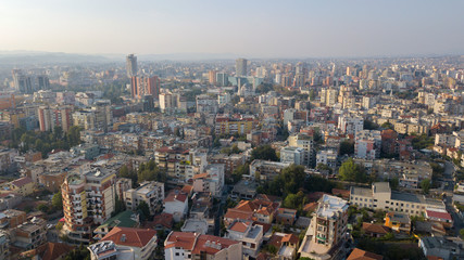 Aerial view of the city of Tirana, capital of Albania. The city is home to public institutions and the center of administrative life with many buildings still under construction