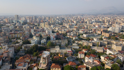 Aerial view of the city of Tirana, capital of Albania. The city is home to public institutions and the center of administrative life with many buildings still under construction