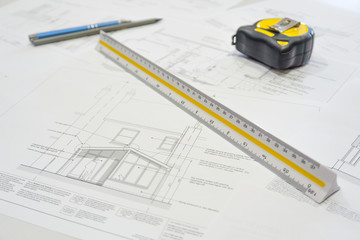 Architect concepts, Construction / building plans with equipment in the office